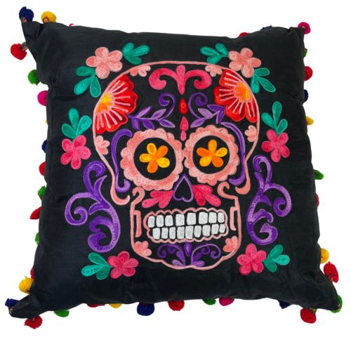 Skull Pillow with Poms