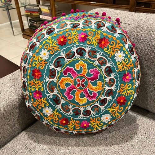 Teal Embroidered Circle Round Pillow